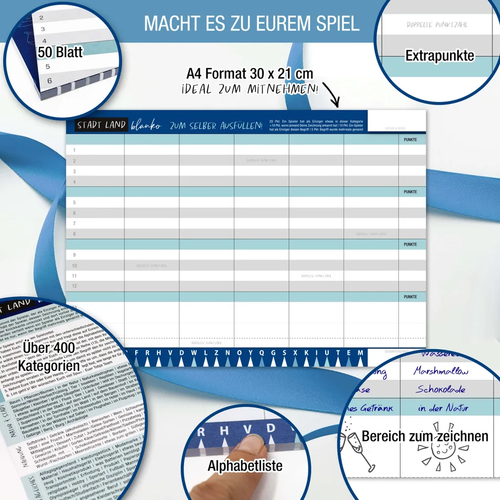 Stadt Land Blanko Spiel - Stadt-Land-Fluss Vorlage Gesellschaftsspiel | Spieleblock Mit 24 Feldern Als Familien & Partyspiel | 50 DIN A4 Blätter 400+ Kategorien | Der Knobelspaß Block – Bild 2