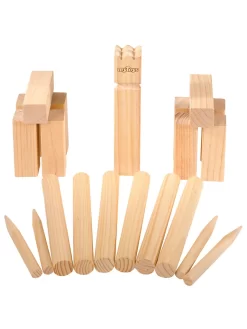 MyToys ORIGINALS Wikingerspiel, 11 Spielfiguren, 6 Wurfhölzer, 4 Eckpflöcke, 100 Prozent Es Holz, Schwedenschach, Outdoor, Wurfspiel