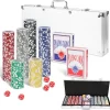 EINFEBEN Pokerchips Kartenspiele Pokerkoffer 300 Chips Laser Pokerchips Poker 11.5 Gramm , 2 Karten, 5Würfel, Mit Aluminium-Gehäuse Silber Koffer