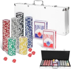 EINFEBEN Pokerchips Kartenspiele Pokerkoffer 300 Chips Laser Pokerchips Poker 11.5 Gramm , 2 Karten, 5Würfel, Mit Aluminium-Gehäuse Silber Koffer