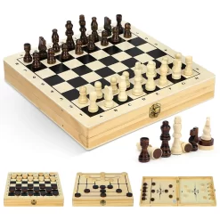 BremToy 4 In 1 Schachspiel Und Dame Spiel - Handgefertigtes Holzschachbrett - Faltbares Schachset - Tragbares Chess Set Für Reise - Pädagogische Brettspiel Für Kinder, Anfänger, Erwachsene (30x30cm)