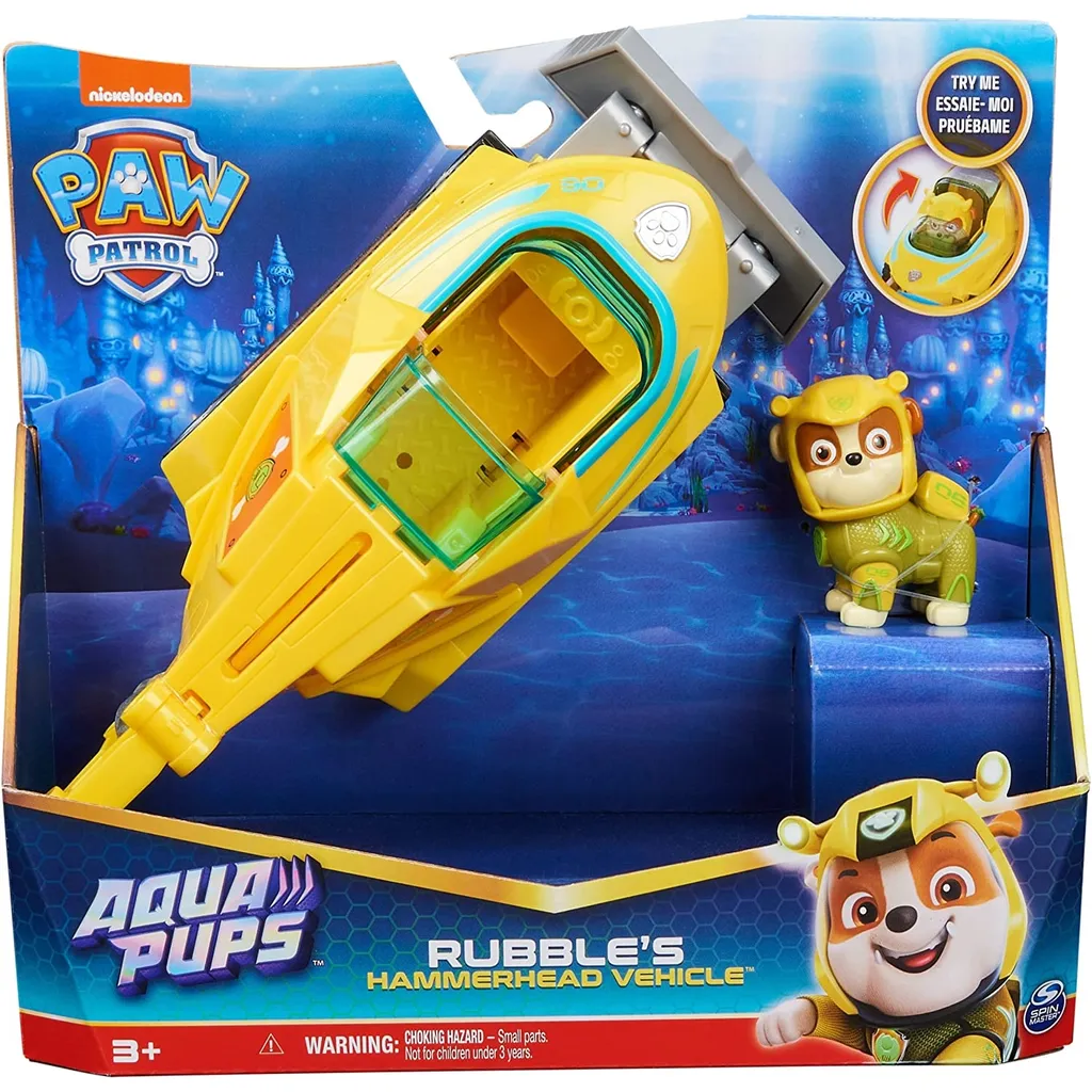 PAW Patrol Aqua Pups Rubble, Verwandelbares Hammerhead Shark Vehicle Mit Action-Figur Zum Sammeln, Kinderspielzeug, Fahrzeug, 3 Jahr(e), Grau, Gelb – Bild 2