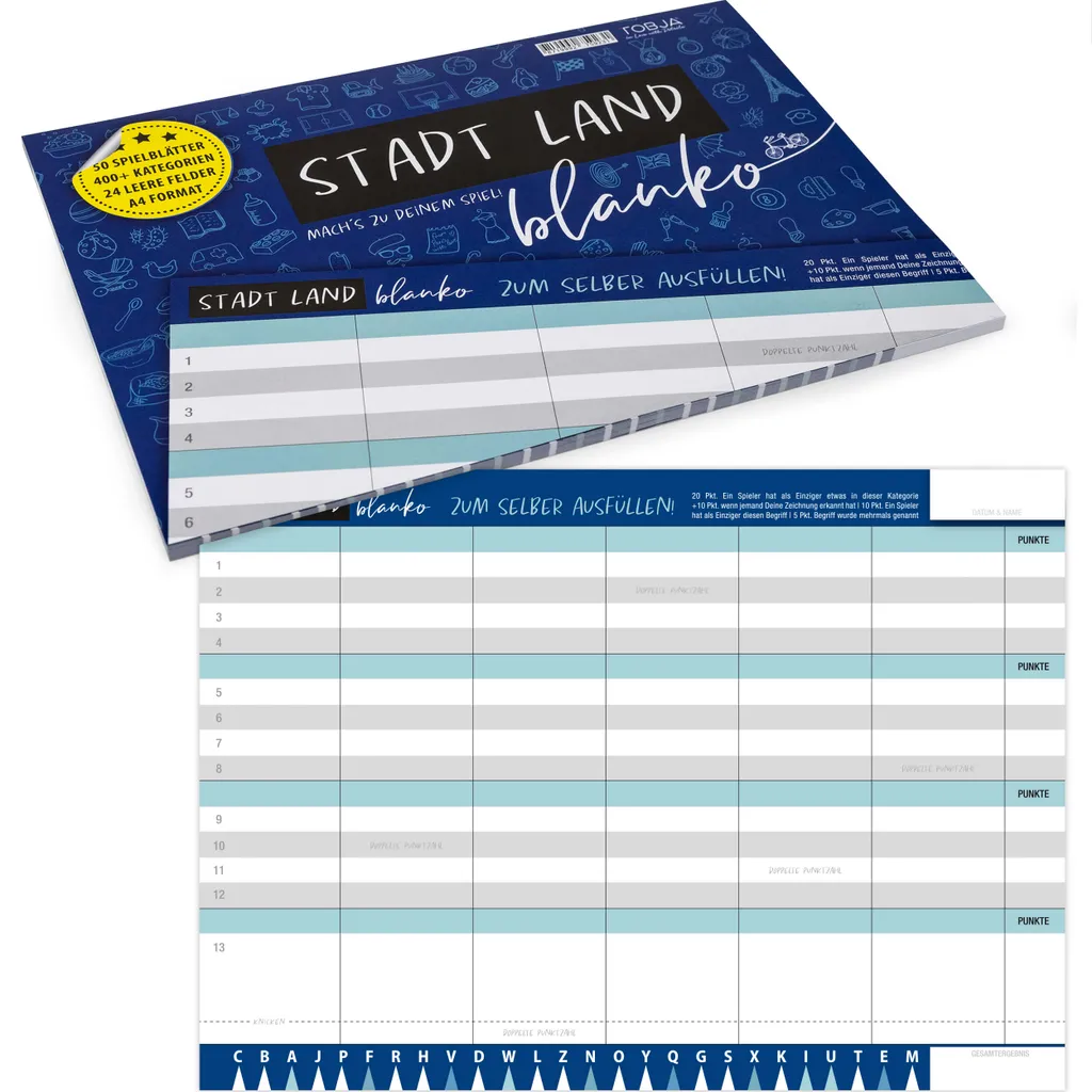 Stadt Land Blanko Spiel - Stadt-Land-Fluss Vorlage Gesellschaftsspiel | Spieleblock Mit 24 Feldern Als Familien & Partyspiel | 50 DIN A4 Blätter 400+ Kategorien | Der Knobelspaß Block