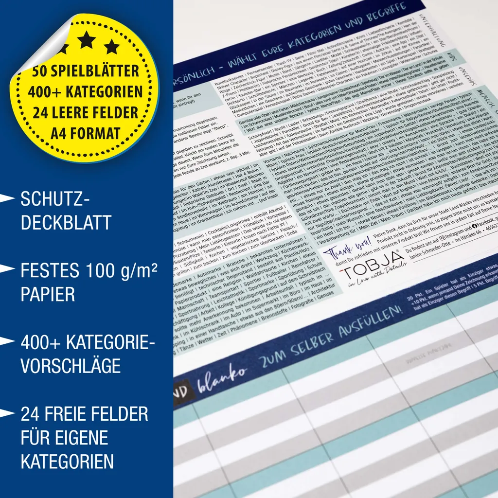 Stadt Land Blanko Spiel - Stadt-Land-Fluss Vorlage Gesellschaftsspiel | Spieleblock Mit 24 Feldern Als Familien & Partyspiel | 50 DIN A4 Blätter 400+ Kategorien | Der Knobelspaß Block – Bild 4